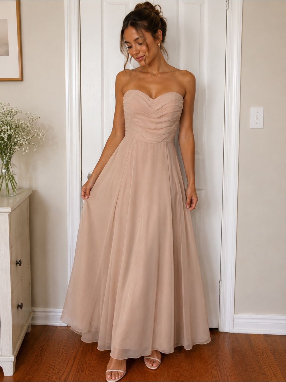 Strapless Nude Chiffon Evening Dress